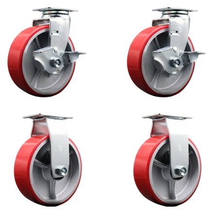 Service Caster 6 Inch Red Poly on Cast Iron Caster Set with Ball Bearings 2 Brakes 2 Rigid SCC-20S620-PUB-RS-TLB-2-R-2